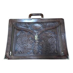 Vintage Mexican Hand Tooled Leather Briefcase Aztec Warrior Eagle Calendar Brown
